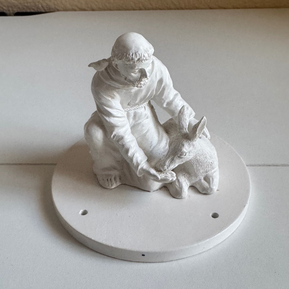 Saint Francis of Assisi Figurine White Alabaster Style Monk with Deer and Bird